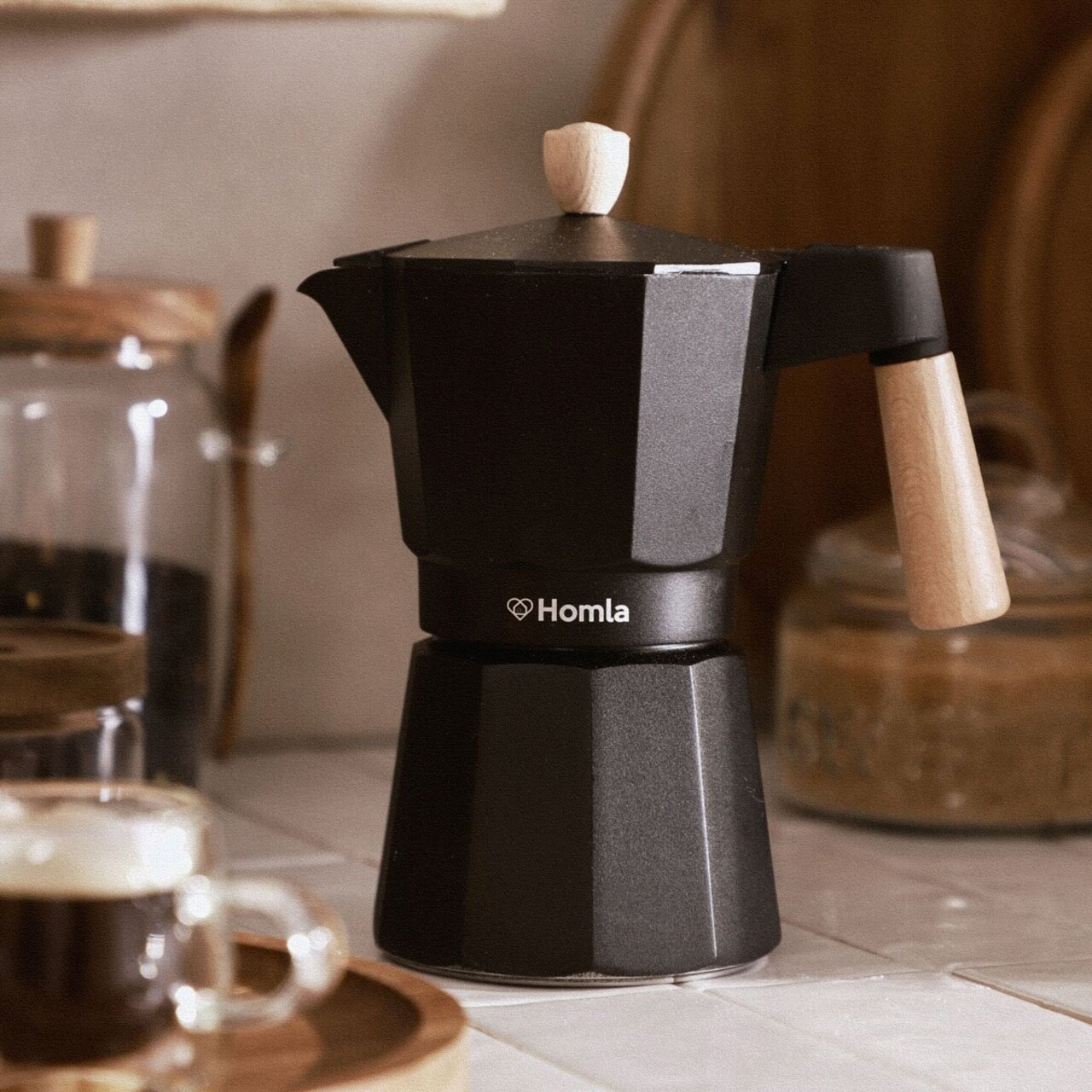 Cafetiera Mia Mokka, Homla, capacitate 6 cesti, aluminiu/lemn, negru/natur - imagine 6